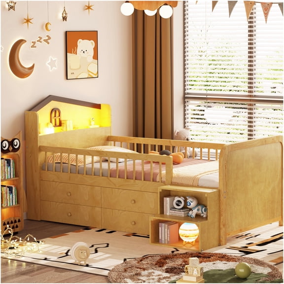 Twin Low Loft Bed with LED Lights, House Headboard & Storage Drawers, Natural Pine Wood Bed