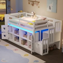 Twin Low Loft Bed with LED Lights, Wooden Twin Loft Bed with Stairs & Safety Guardrail, Loft Bed with Storage Shelves and Under-Bed Play Space, White
