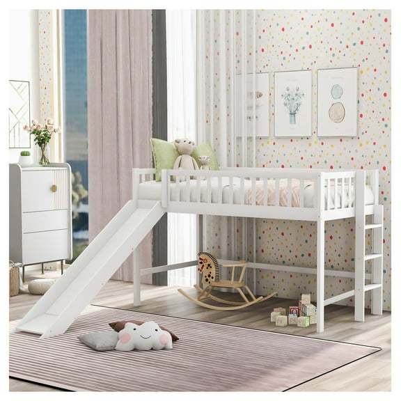 Twin Low Loft Bed with Ladder & Slide, White