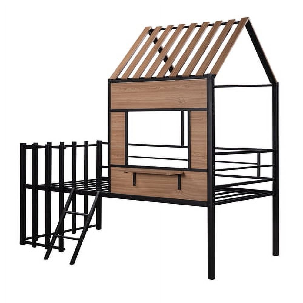 Twin Low Loft Bed with Stairs and Safe Guardrail House Design Metal Bed