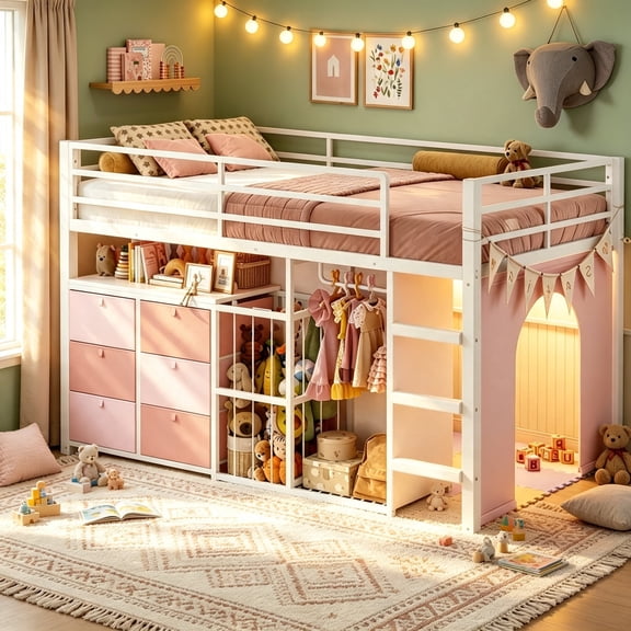 Twin Low Loft Bed with Storage 6 Drawers Metal Platform Captain Bed with Open Cube & Toy Storage Basket and Cloth Rack White Pink