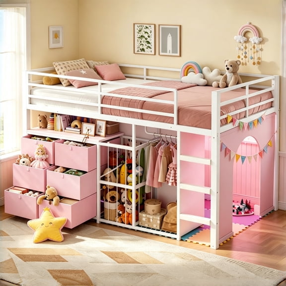 Twin Low Loft Bed with Storage 6 Drawers Metal Platform Captain Bed with Open Cube & Toy Storage Basket and Cloth Rack White Pink