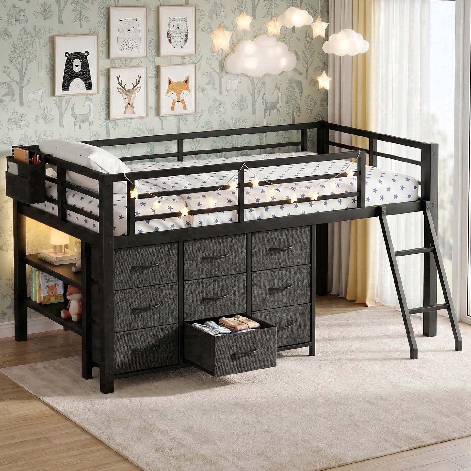 FIRSCOOK Twin Metal Low Loft Bed with 9 Storage Drawers, Side Shelves ...