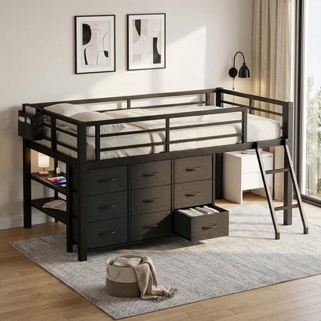 Twin Low Loft Bed with Storage, Metal Twin Loft Bed Frame with 9 Drawers, 2 Shelves, LED Lights and Charging Station, Black