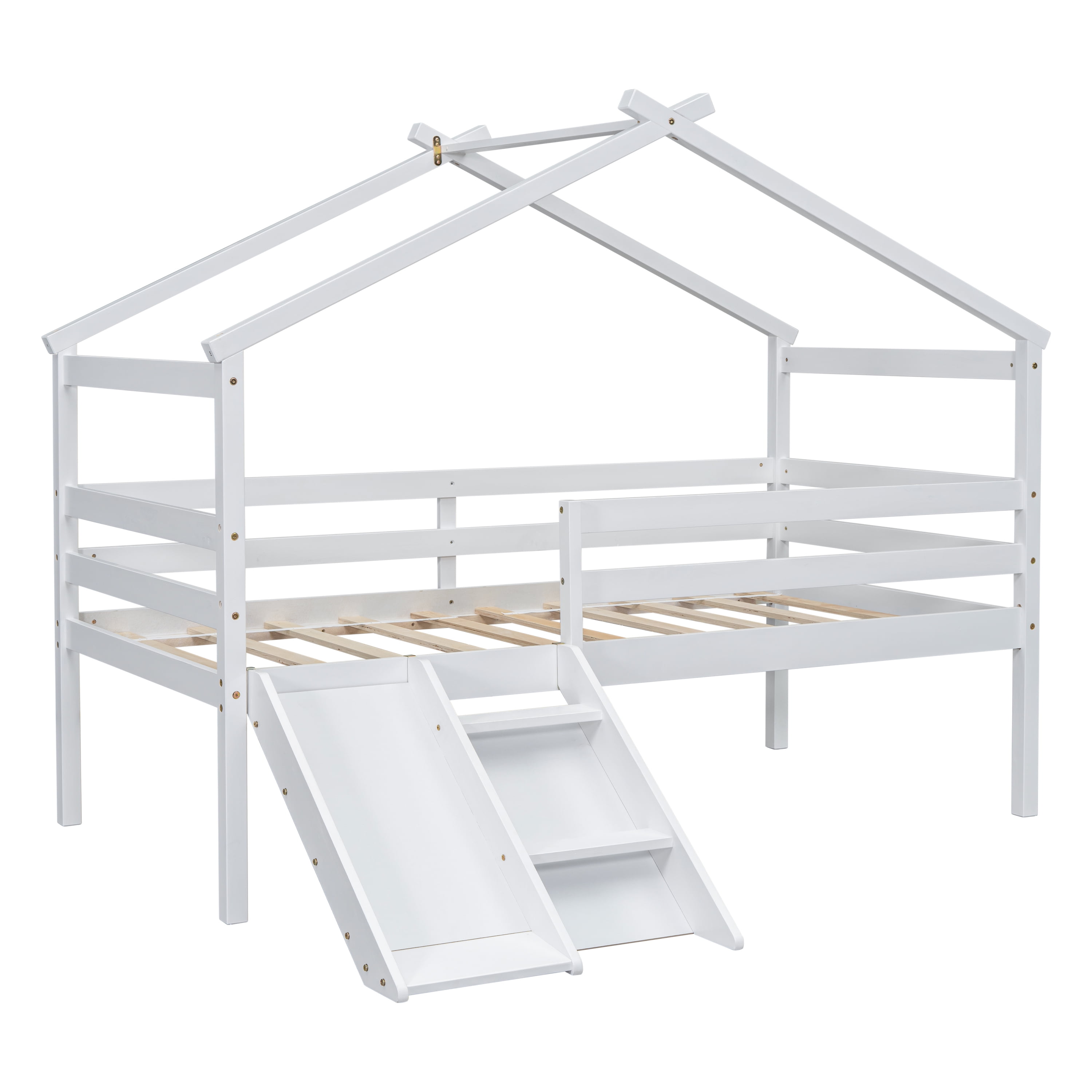 Twin Low Loft House Bed with Slide, Ladder, Safety Guardrails, House Roof Frame, White