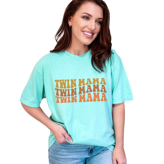 Twin Mama, Mother, Mom or Mommy of Twins Themed, Groovy Retro Wavy Text, Chalky Mint Comfort Colors T-Shirt, Small