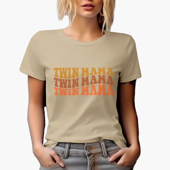 Twin Mama, Mother, Mom or Mommy of Twins Themed, Groovy Retro Wavy Text Merch Gift, Tan T-Shirt, 3XL