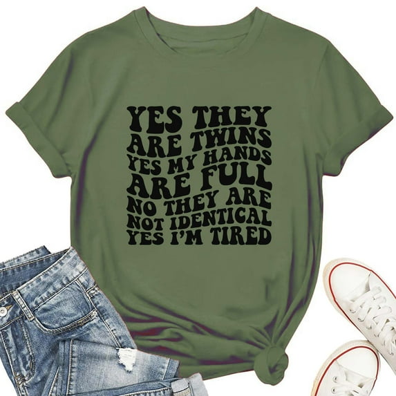 Twin Mama Yes My Hands Are Full Women's T-Shirt – Funny Mom of Twins Graphic Tee, Motherhood Short Sleeve Casual Top