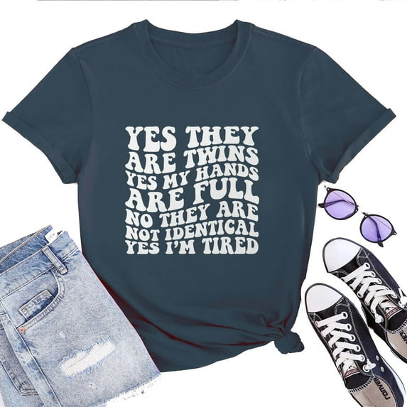 Twin Mama Yes My Hands Are Full Women's T-Shirt – Funny Mom of Twins Graphic Tee, Motherhood Short Sleeve Casual Top