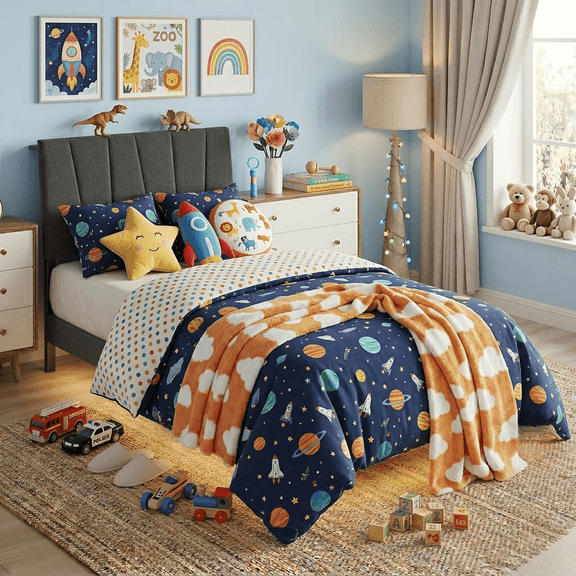 Neche Floating Upholstered Twin Full Queen King Platform Bed Frame with LED Lights, Charging Station & Storage Headboard, Gray