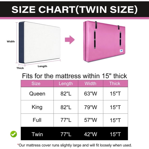 Twin Mattress Bags for Moving and Storage, 2 Adjustable , Heavy Duty 200G PE Materials, Larger 3-Sides Zipper, Reusable Waterproof Bed Mattress Cover Protector with 8 Sturdy Handles, Pink
