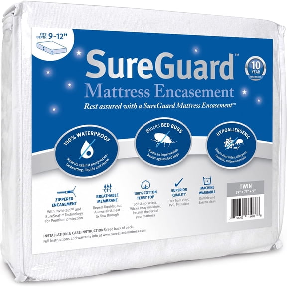 Twin Mattress Encasement 9-12 Inch Deep Waterproof Bed Bug Proof Hypoallergenic Six-Sided Zippered