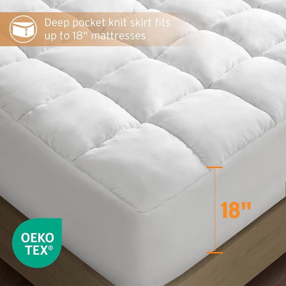 Twin Mattress Pad, Overfilled High Density Down Alternative Fill, Extra Fluffy 3D Puff Mattress Topper Soft Microfiber Mattress Cover, Fitted Pocket Fits Up to 18", King, White