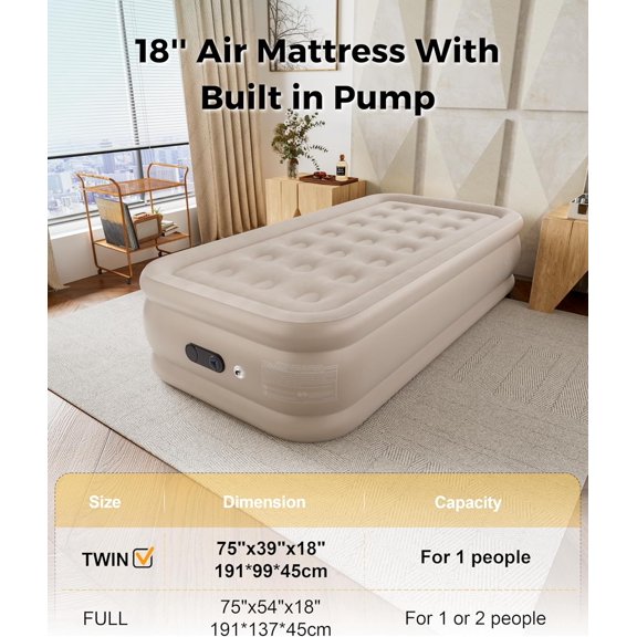 Twin Mattress with Built-in Pump, 18 Inch Portable Blow Bed with Storage Bag for Home Camping Guests