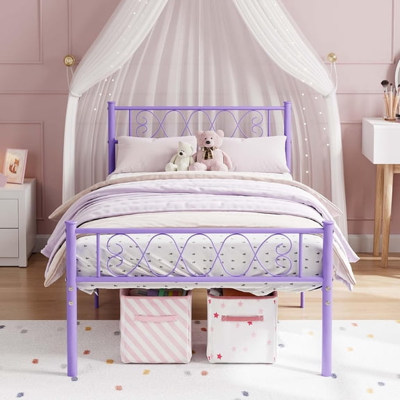 Twin Metal Bed Frame with Heart-Design Headboard and Footboard, Sturdy Platform Base for Girls or Boys, Under-Bed Storage, No Box Spring Required, Purple