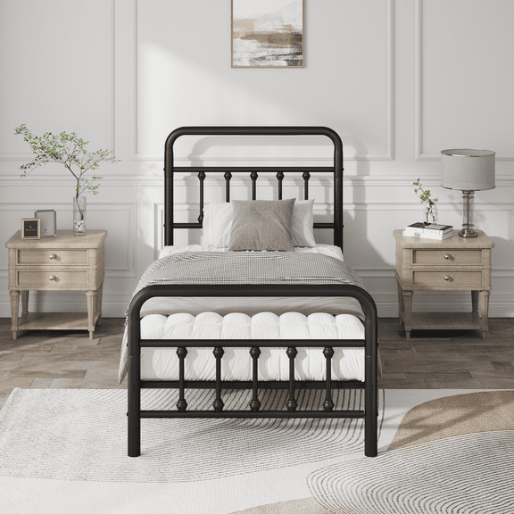 Twin Metal Bed Frame with Headboard, Stable, Underbed Storage, No Box Spring, Black