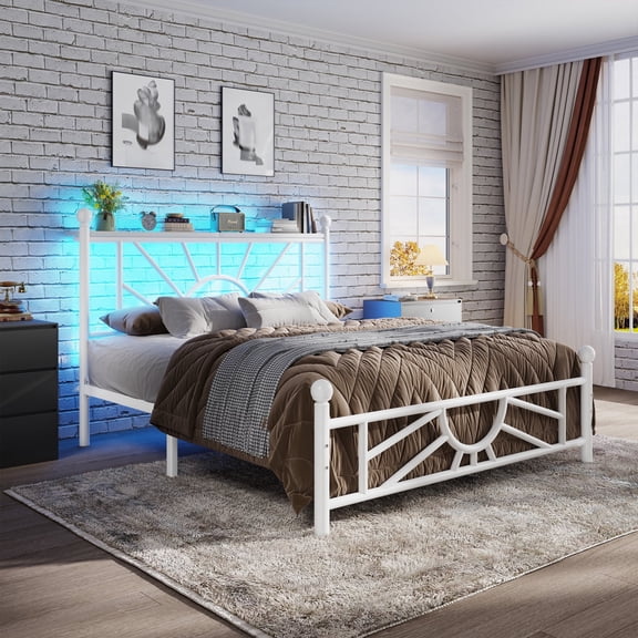 Twin Metal Bed Frame with LED Light,Headboard & Footboard,Under Bed Storage,Noise-Free Design,Easy Assembly,No Box Spring Needed,White