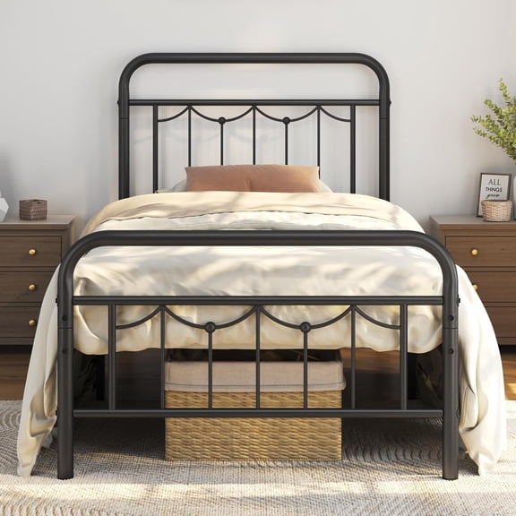 Twin Metal Bed Frame with Vintage Spindle Headboard Black