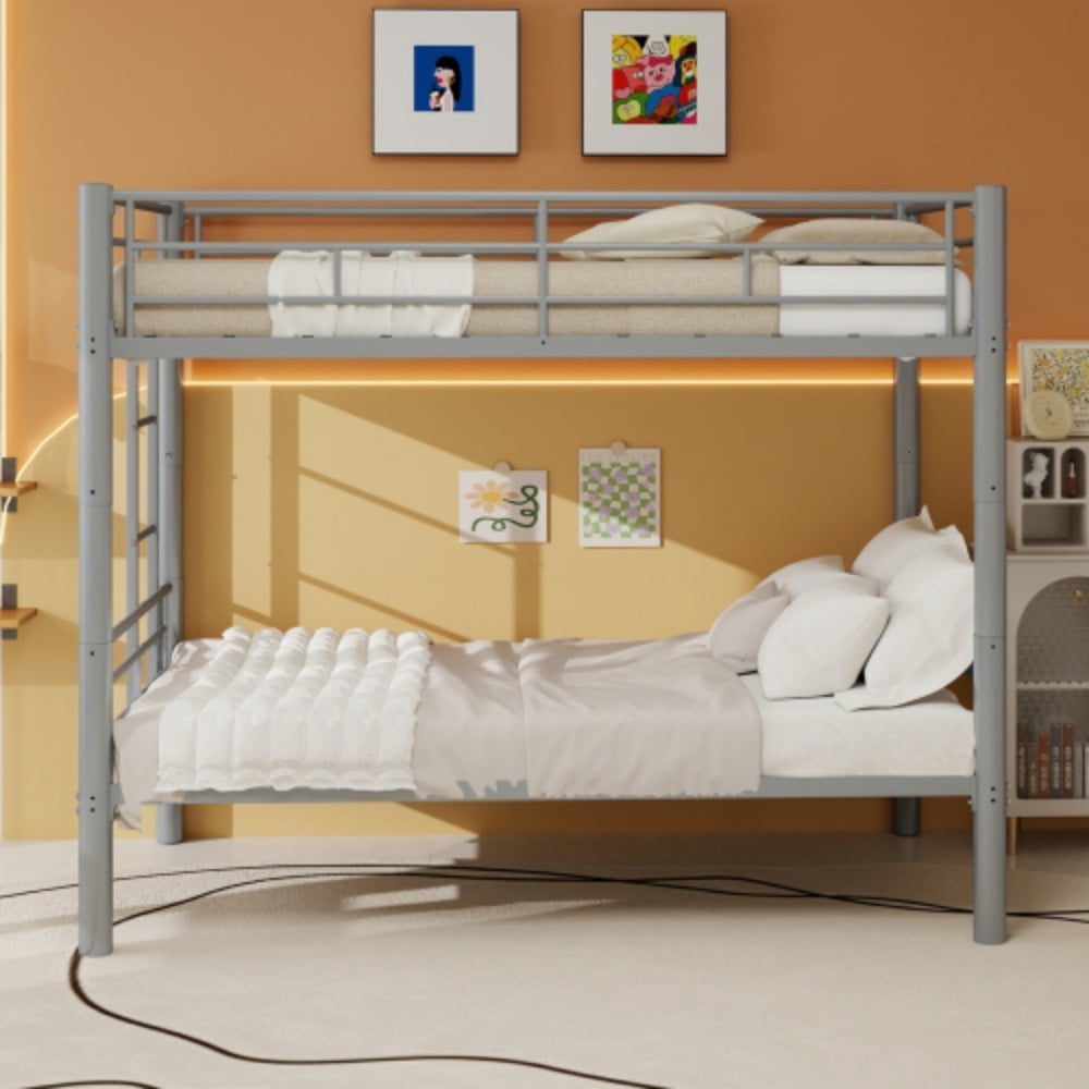 Twin Metal Bunk Bed, Convertible & Detachable into 2 Twin Beds, Heavy-Duty Iron Frame, 400 lbs Capacity, Guardrails & Ladder, Silver