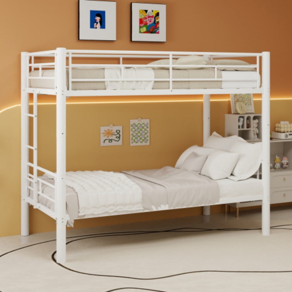 Twin Metal Bunk Bed, Convertible & Detachable into 2 Twin Beds, Heavy-Duty Iron Frame, 400 lbs Capacity, Guardrails & Ladder, White
