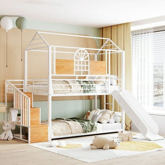 Twin Over Metal Bunk Bed With Slide And Storage Stair - White. Iron Construction For Durability. Imaginative Playhouse Design. Versatile Compartments. No Box Spring Required. Max Weight Capacity