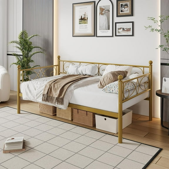Twin Metal Daybed Frame, Heavy Duty Slats, Under Bed Storage, Gold