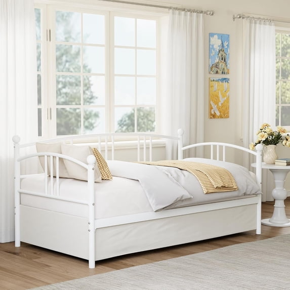 Memoryfield Twin Metal Daybed, Metal Sofa Bed Frame with Arched Headboard & Steel Slat Support, Guest Sofa Bed, No Box Spring Required, White
