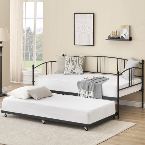 Twin Metal Daybed with Pull Out Trundle, Premium Steel Slat Support Sofa Bed, Daybed and Trundle Frame Set for Living Room, Bedroom, Guest Room, Black