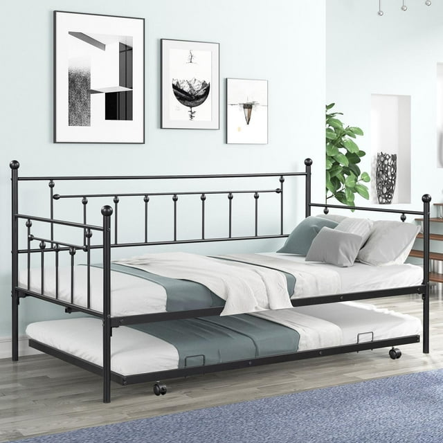 Twin Metal Daybed with Pullout Trundle, HeavyDuty Steel Daybed with