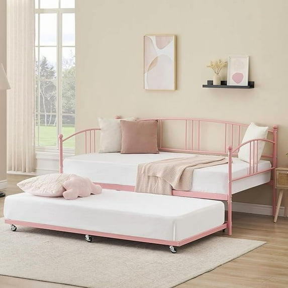 Twin Metal Daybed with Trundle, Pullout Trundle Bed Frame with Arched Headboard, Guest Sofa Bed with Steel Slat Support, No Box Spring Required, Easy Assembly, for Living Room, Bedroom, Pink