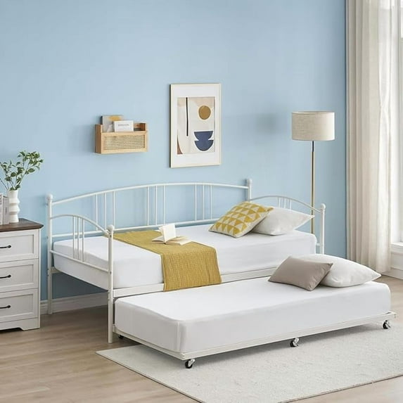 Twin Metal Daybed with Trundle, Pullout Trundle Bed Frame with Arched Headboard, Guest Sofa Bed with Steel Slat Support, No Box Spring Required, Easy Assembly, for Living Room, Bedroom, White