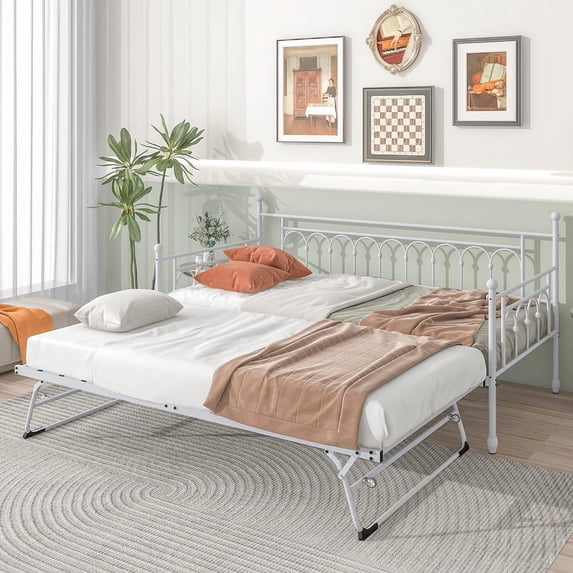 Twin Metal Daybed with Pop Up Trundle,Steel Slat Support Sofa Bed(Grayish White)