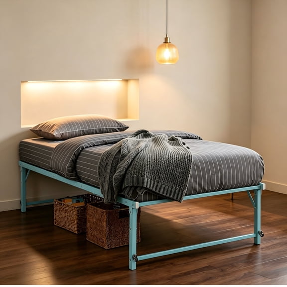 Twin Metal Daybed with Pop-Up Trundle, Sturdy Steel Slat Support Space Saving Guest Bed Frame, Bedroom & Living Room, Turquoise