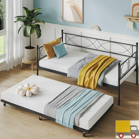 Twin Metal Daybed with Pull-Out Trundle, Durable Steel Frame with Headboard, Space-Saving Sofa Bed for Bedroom, Guest Room, or Living Room