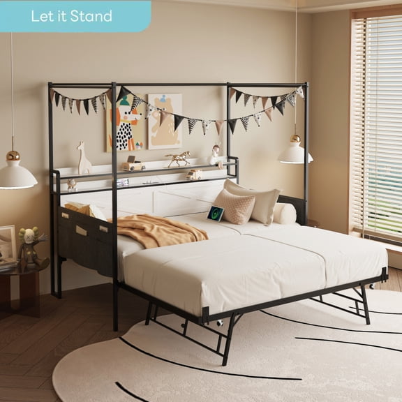 Twin Metal Daybed with Trundle - Heavy-Duty Slat Reinforced Sofa Bed Frame, Guardrail-Style Enclosures,White