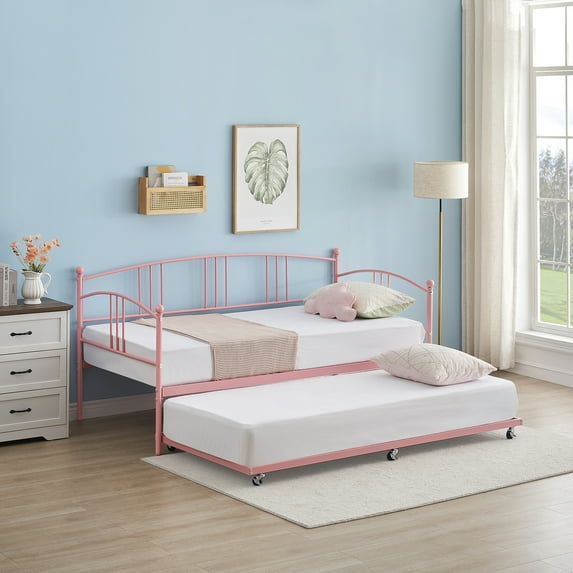 Twin Metal Daybed with Trundle - Space-Saving Bed Frame with Pullout Trundle and Casters (Pink)