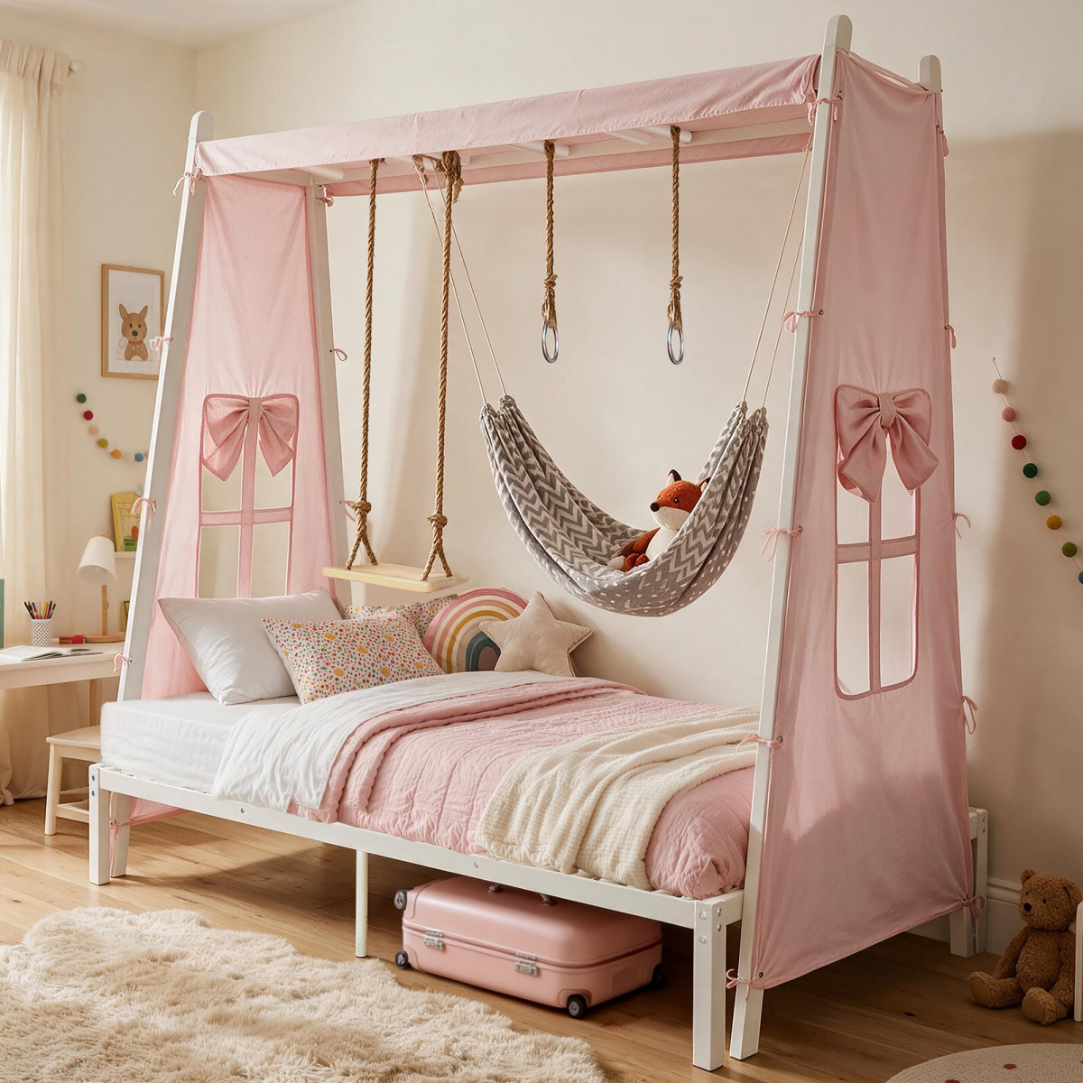 Twin Metal House Bed Tent Swing Montessori Floor Bed Frame Play Rings Hammock Low Pink Canopy Bed Window Sturdy Steel Slats Box Spring Needed Playhou: Key Details Before Checkout