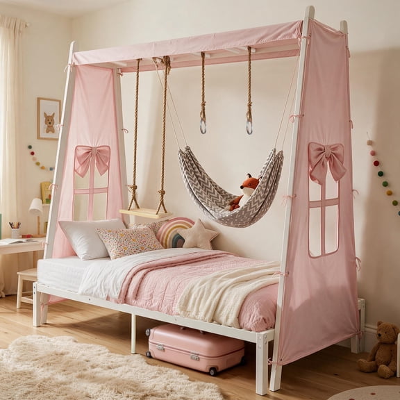 Twin Metal House Bed with Tent & Swing, Montessori Floor Bed Frame with Play Rings & Hammock, Low Pink Canopy Bed with Window, Sturdy Steel Slats, No Box Spring Needed, Playhouse for Girls