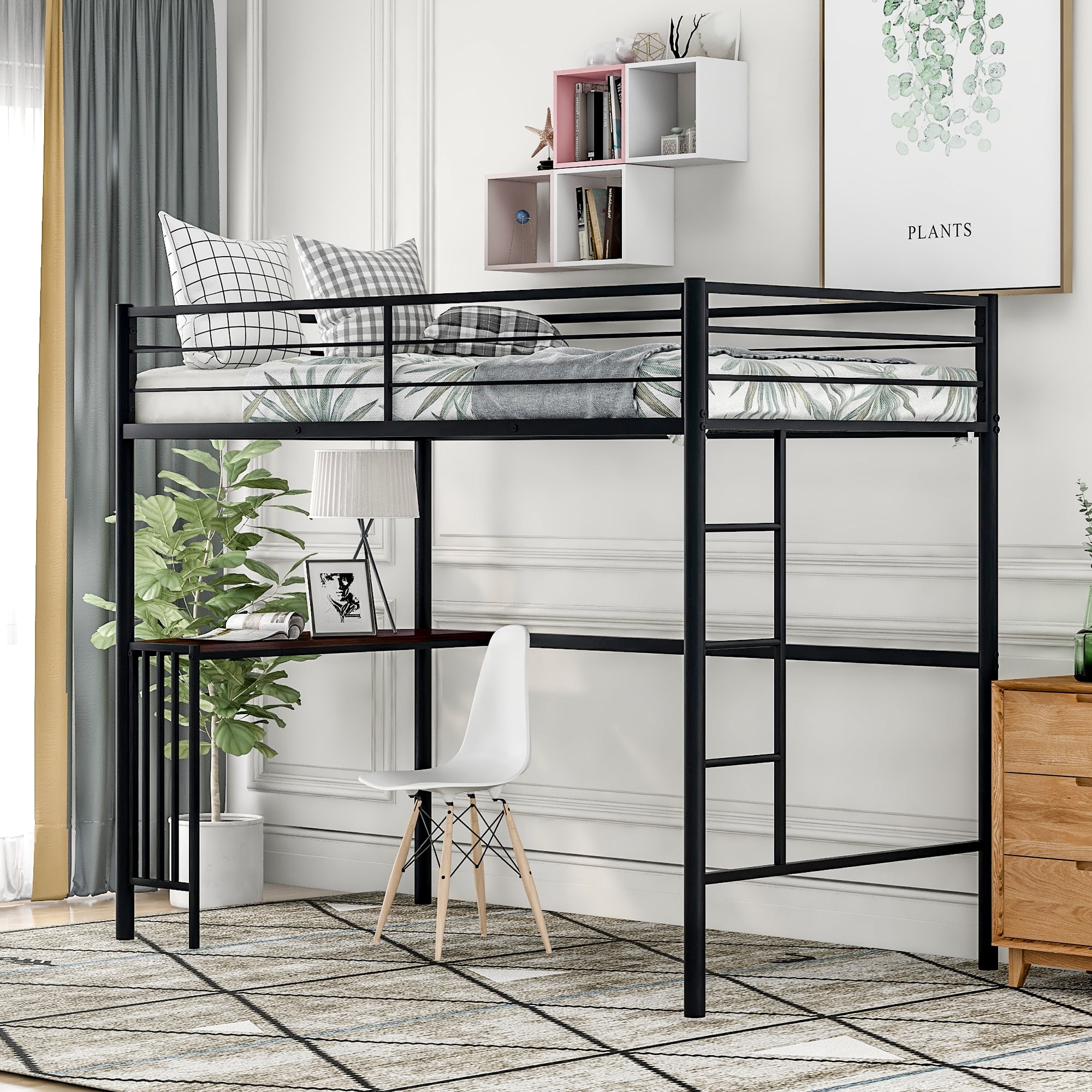 Twin Metal Loft Bed with Desk Buildin Ladders and FullLength