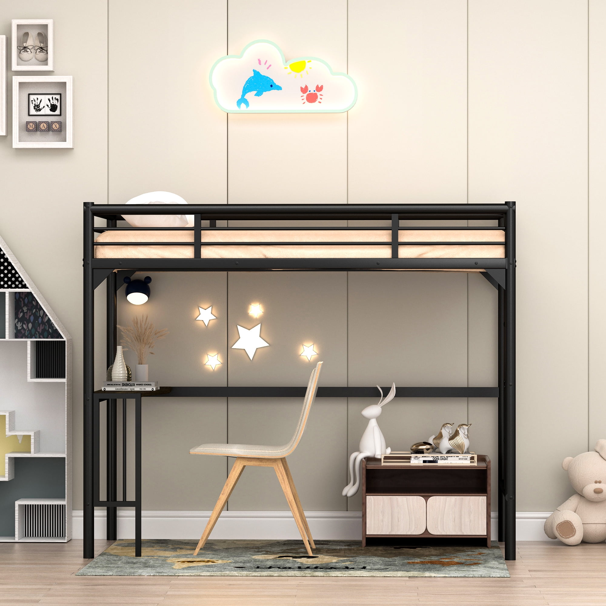 Twin Metal Loft Bed with Desk, High Loft Bed with Ladder and Guardrails ...