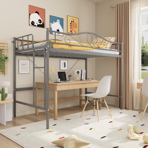 Twin Metal Loft Bed Frame, 400 lbs Support with Removable Ladder, Full-Length Safety Guardrail, Noise-Free, Easy Assembly, No Box Season Needed