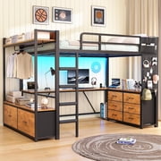Itaar Twin Metal Loft Bed Frame with L-Shaped Desk, Power Outlets, 8 Storage Drawers, Side Coat Rack, Open Shelves, Pegboard & Smart LED Lights, No Box Spring Needed, Rustic Brown