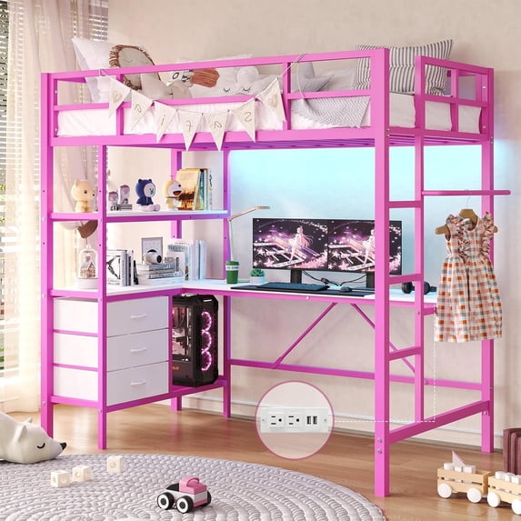 Twin Metal Loft Bed Frame with LED Lights&Charging Station&L-Shaped Desk, LED Twin Size Loft Bed with 3 Storage Shelves&Drawers, No Box Spring Needed, Pink