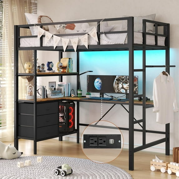 Twin Metal Loft Bed Frame with L-Shaped Desk&LED Lights&Charging Station, Black LED Loft Bed with 3 Storage Shelves&Drawers, Safety Guard & Stairs