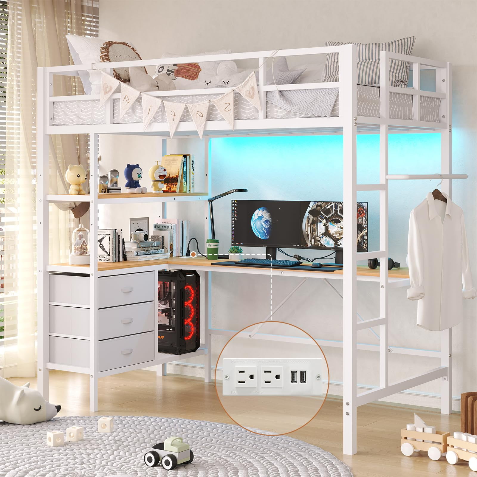 White Twin Metal Loft Bed with L-Shaped Desk and Storage