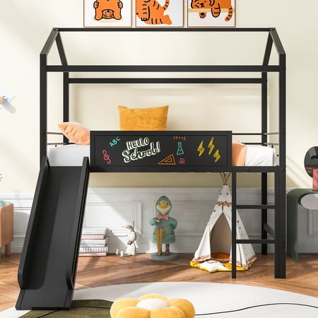 Twin Metal Loft Bed, Metal House Bed with Slide and Ladder, Multifunctional Design, with Two-sided writable Wooden Board for Teens Adults/Easy to Assemble(Black)