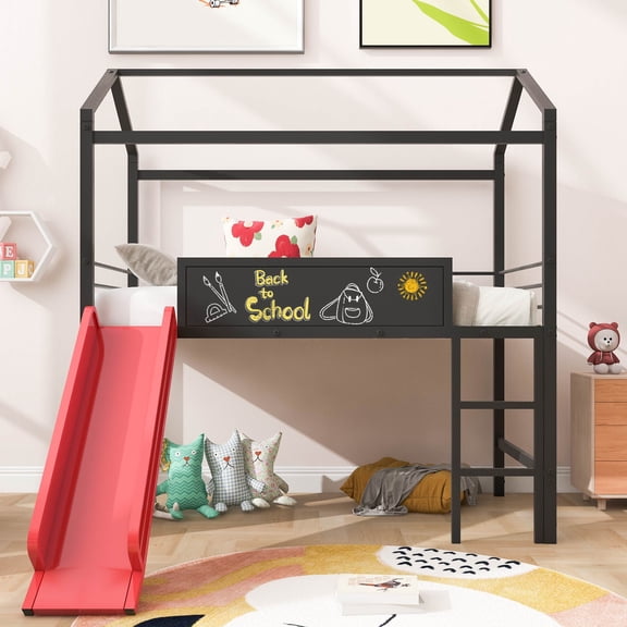 Twin Metal Loft Bed, Metal House Bed with Slide and Ladder, Multifunctional Design, with Two-sided writable Wooden Board for Teens Adults/Easy to Assemble(Red)