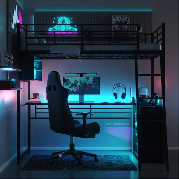 Twin Metal Loft Bed With Led, Desk, Storage - Black Frame Functional Size Shelves Strong Construction