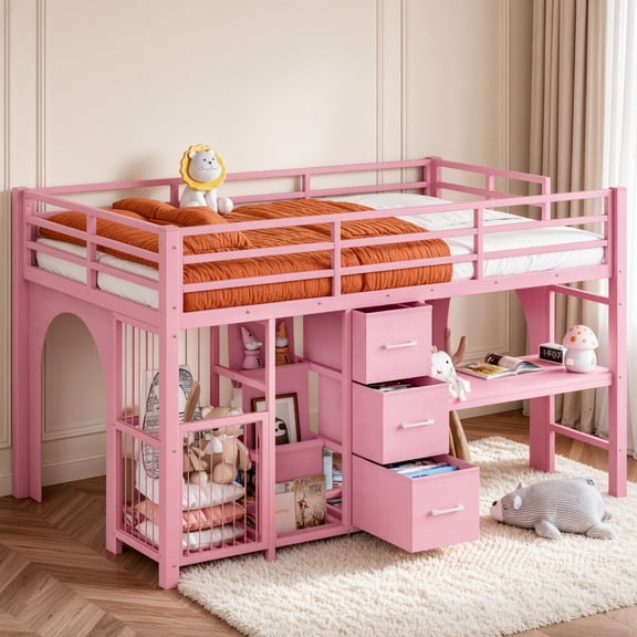 Twin Metal Low Loft Bed with Storage Drawer, Bookshelf & Built-in Desk, Sturdy Frame, Pink