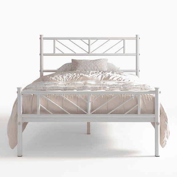 Twin Metal Platform Bed Frame with Arrow Design Headboard, White